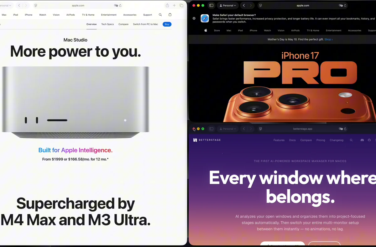BetterStage Bento Box arranging real app windows into an adaptive tiled grid