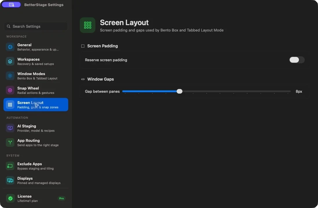 BetterStage Screen Layout settings for padding, gaps, and snap zones