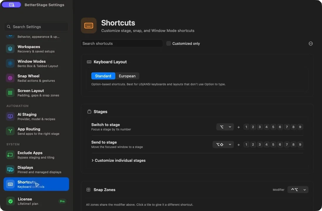 BetterStage Shortcuts settings showing keyboard, mouse, and trackpad controls