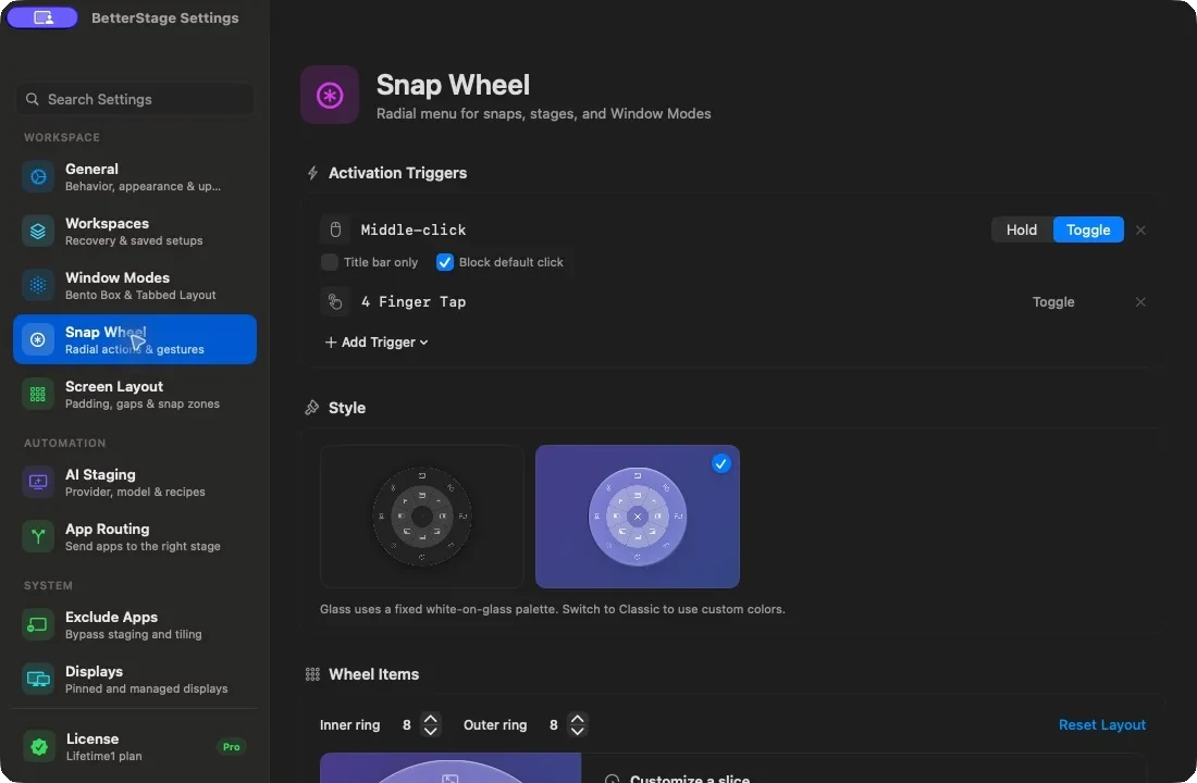 BetterStage Snap Wheel settings showing activation triggers, Glass style, and ring customization