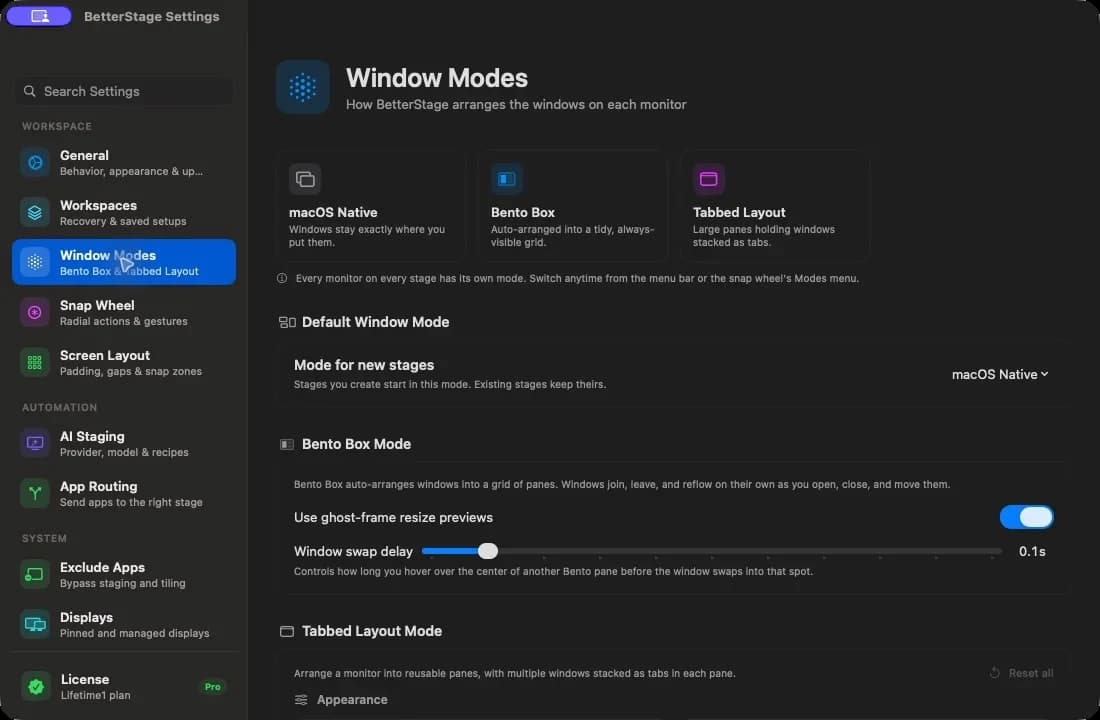 BetterStage Window Modes settings with macOS Native, Bento Box, and Tabbed Layout options