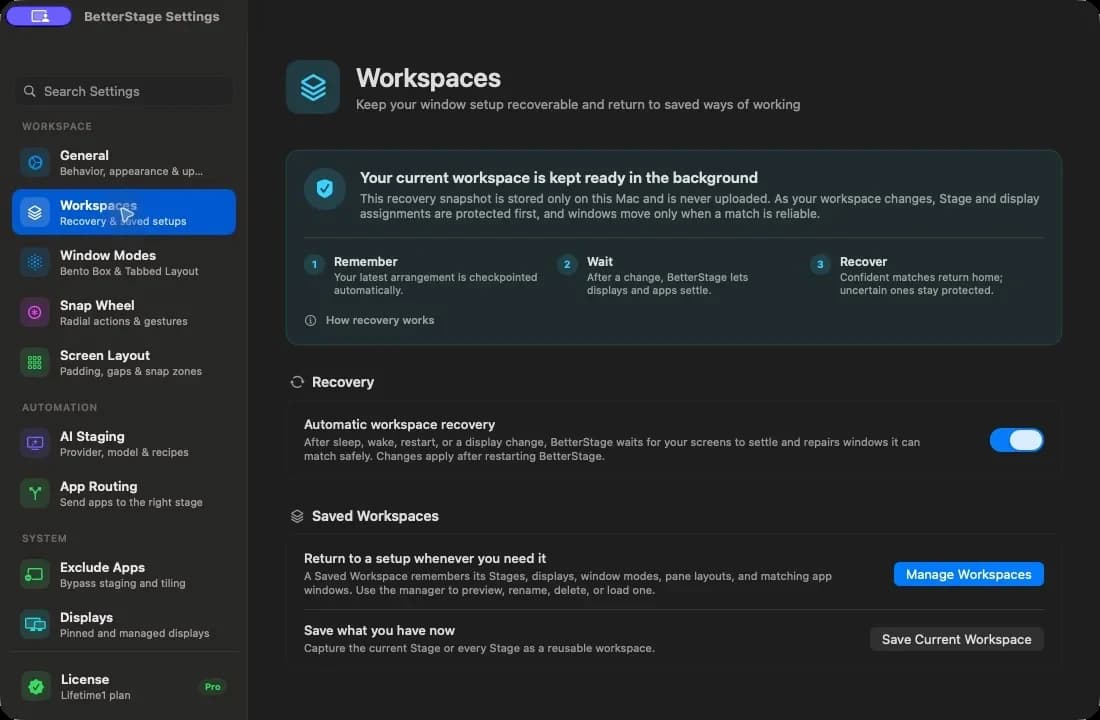 BetterStage Workspaces settings showing automatic recovery and Saved Workspace controls
