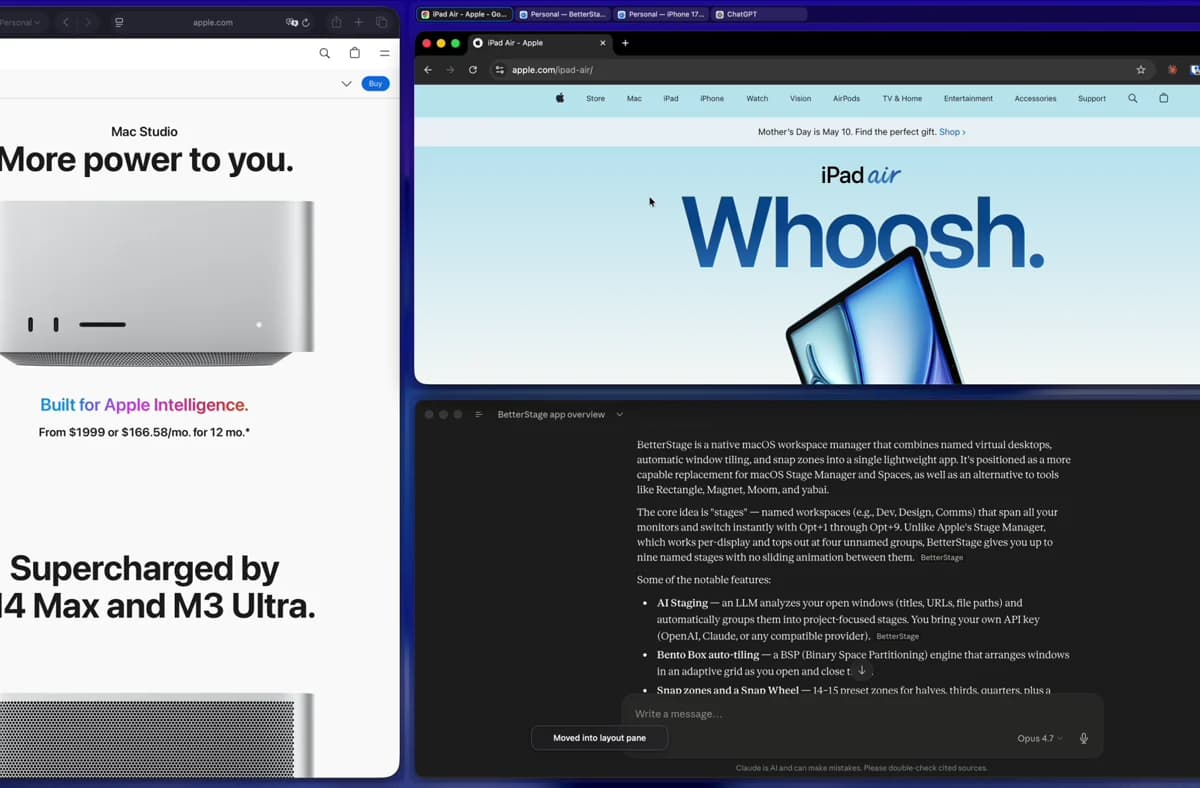 BetterStage Tabbed Layout with real app windows arranged in fixed panes and tabs